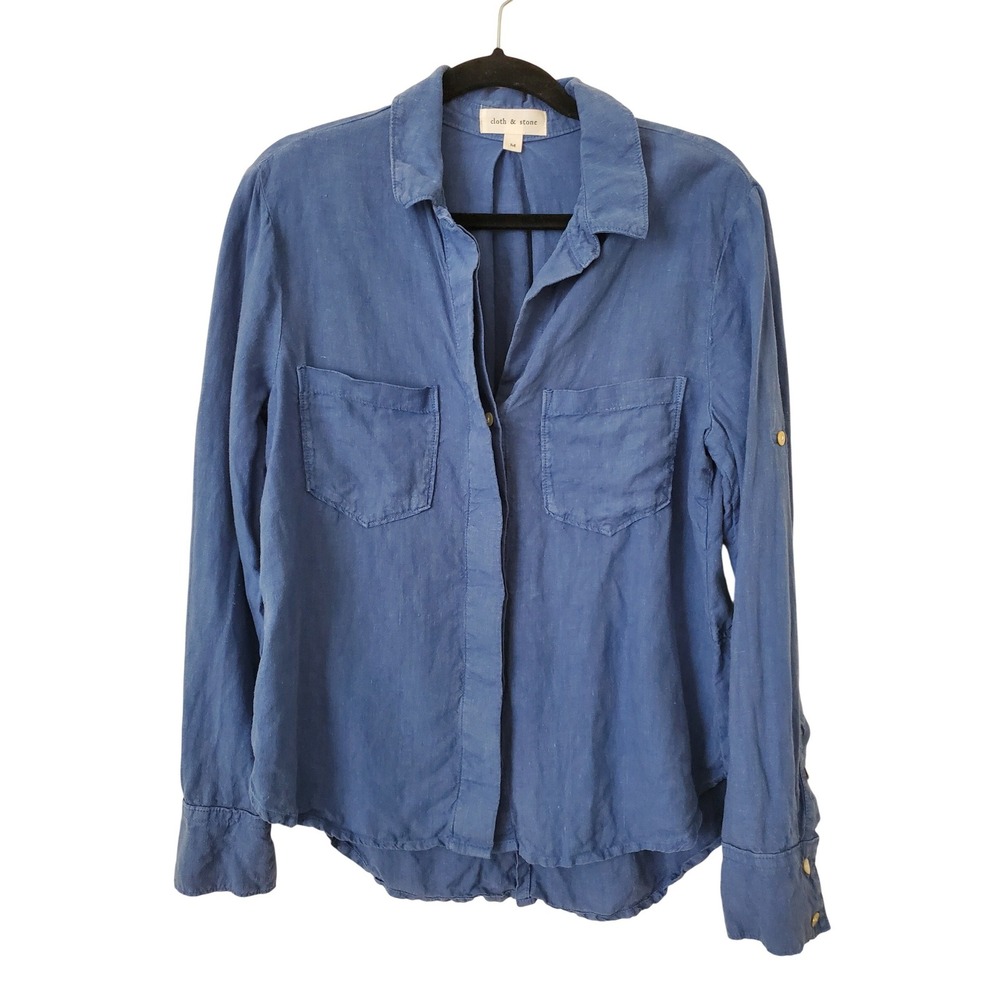 Cloth & Stone Blue 100% Linen Roll Tab Button‎ Down Shirt Split Hem Medium
